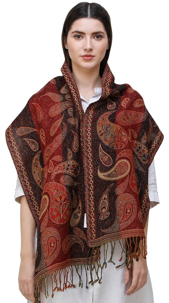 Garnet Reversible Jamawar Scarf from Amritsar with Woven Paisleys - Dupattas & Shawls | Buy online on ZillyBuy