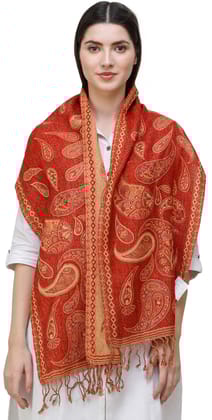 Burnt-Ochre Reversible Jamawar Scarf from Amritsar with Woven Paisleys