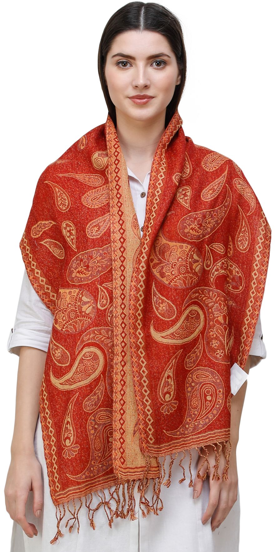 Burnt-Ochre Reversible Jamawar Scarf from Amritsar with Woven Paisleys