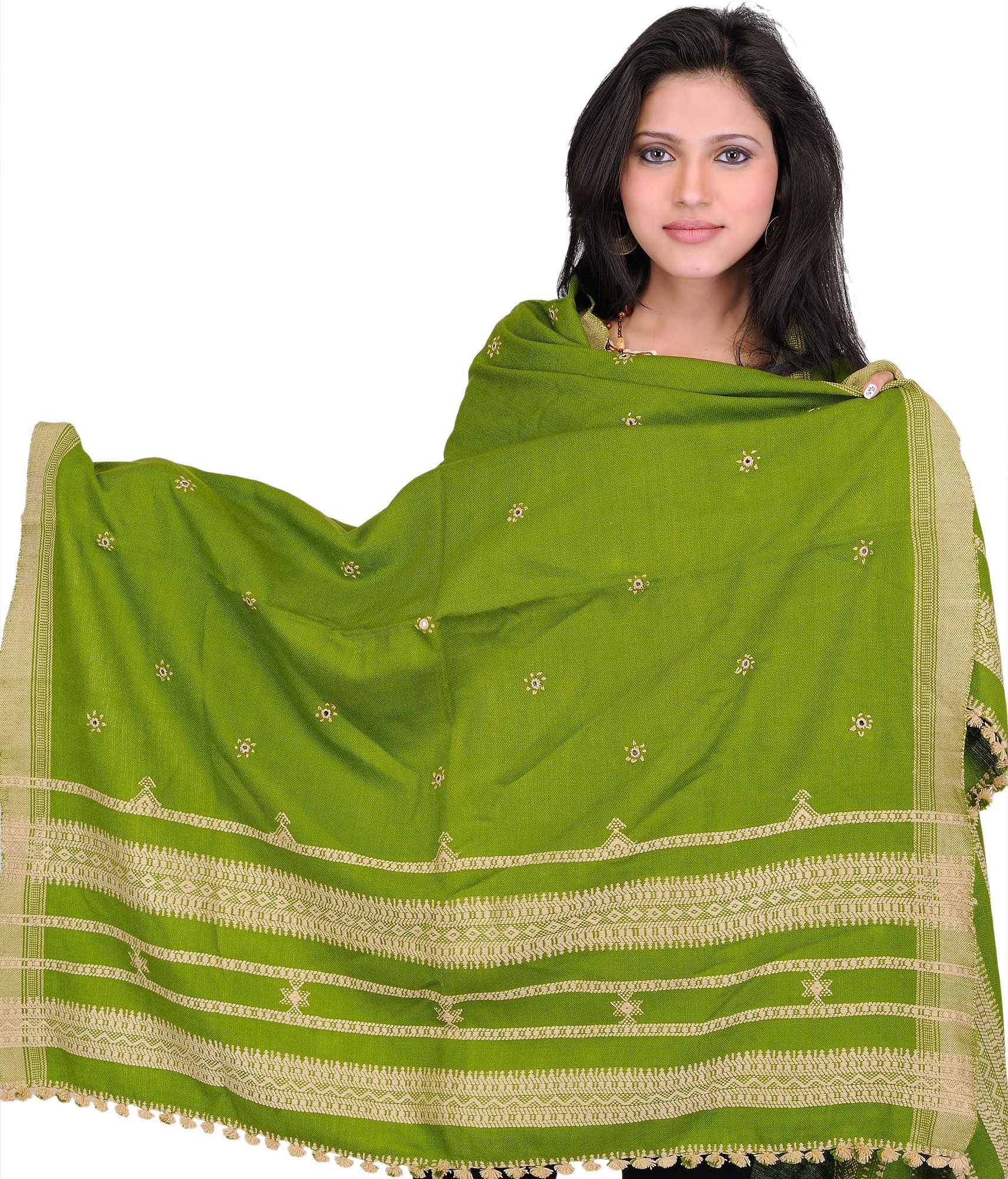 Peridot Shawl from Kutch with Embroidered Flowers and Mirrors