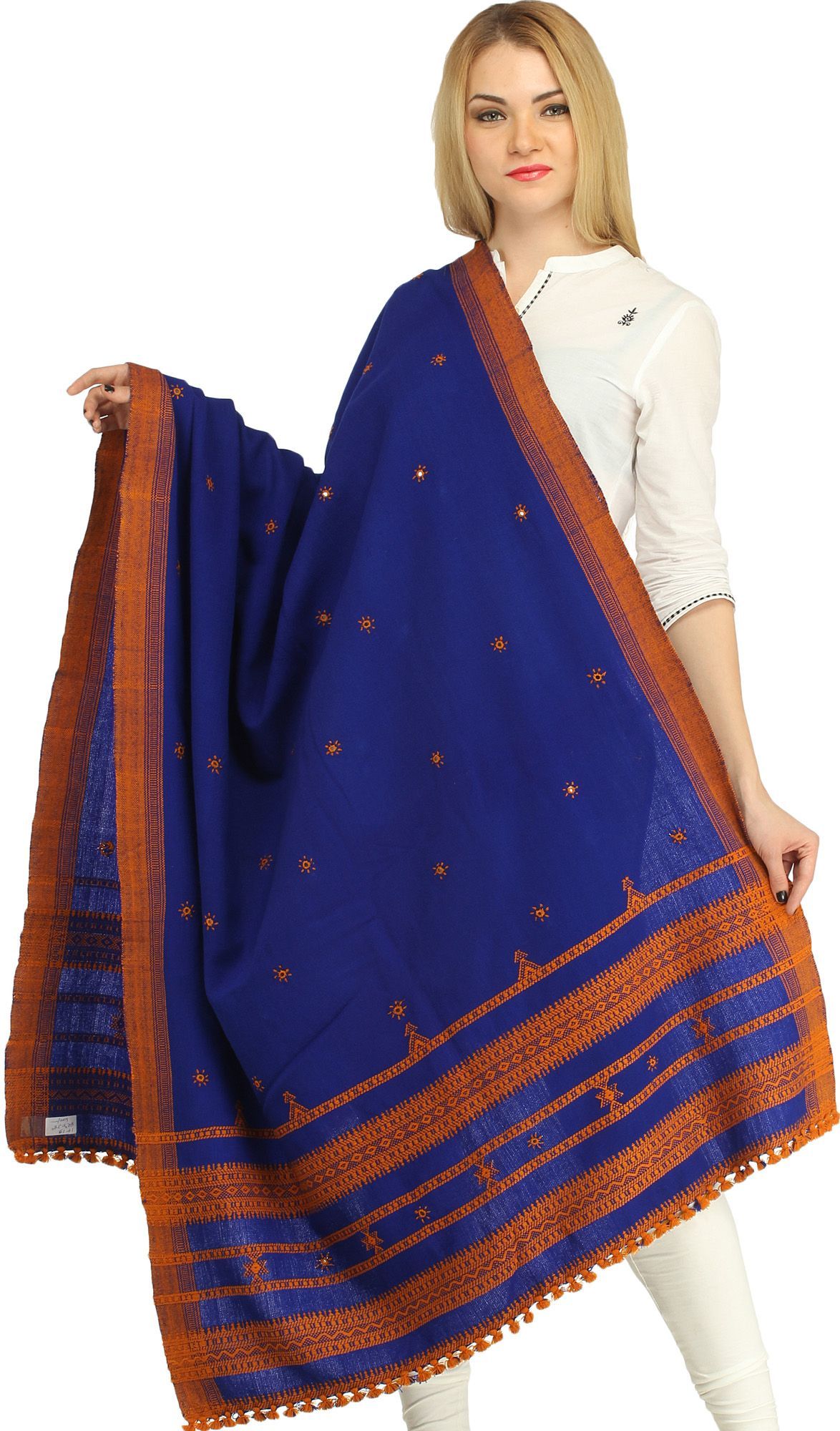 Mazarine-Bule Shawl from Kutch with Embroidered Flowers and Mirrors