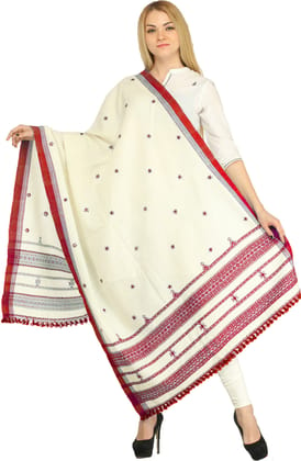 Off-White Shawl from Kutch with Embroidered Flowers and Mirrors