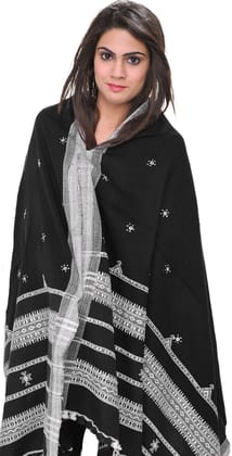 Jet-Black Shawl from Kutch with Embroidered Flowers and Mirrors