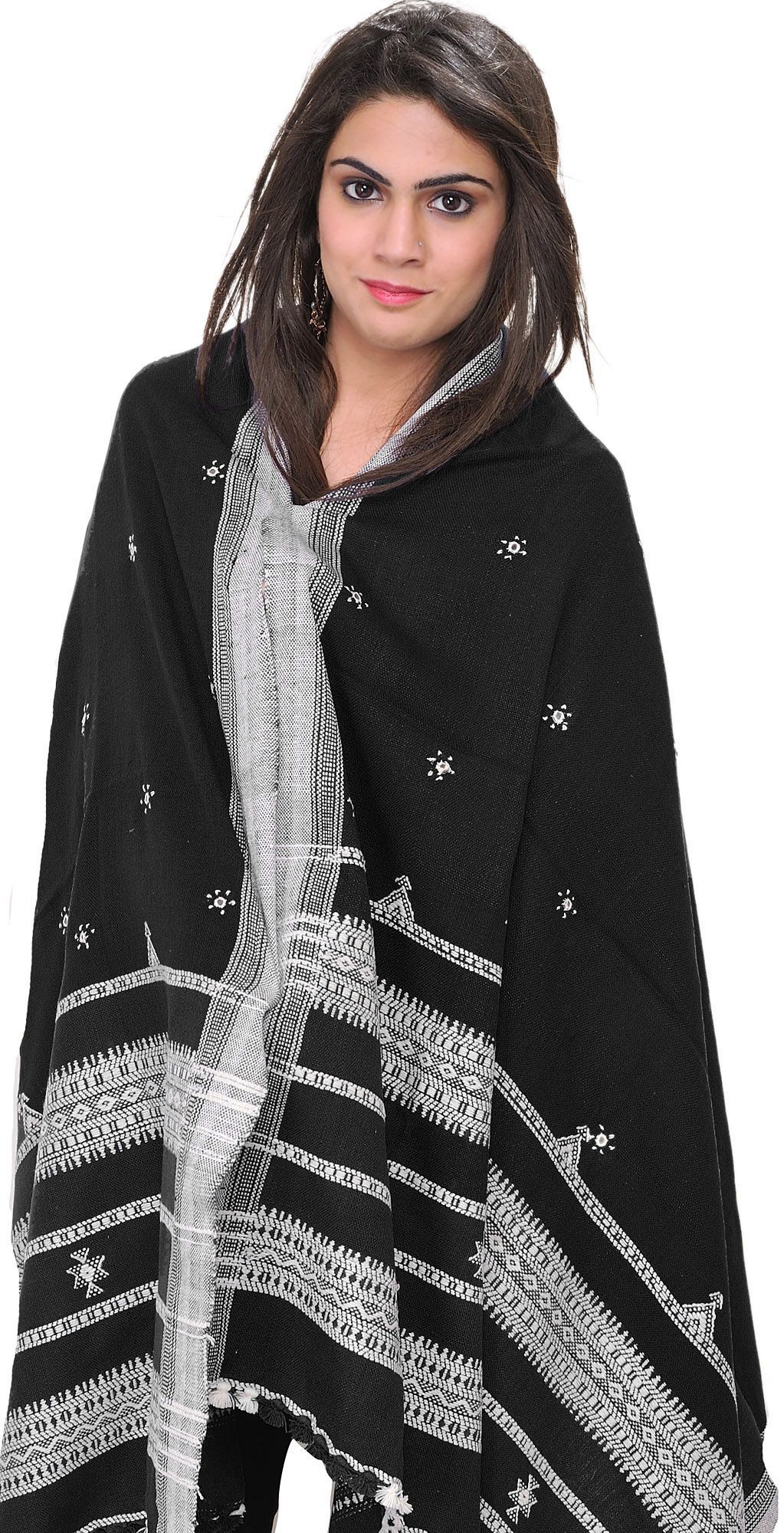 Jet-Black Shawl from Kutch with Embroidered Flowers and Mirrors