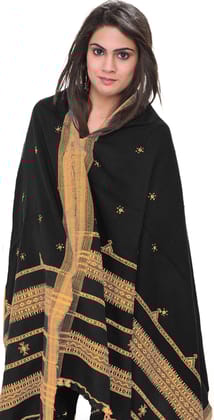 Caviar-Black Shawl from Kutch with Embroidered Flowers and Mirrors