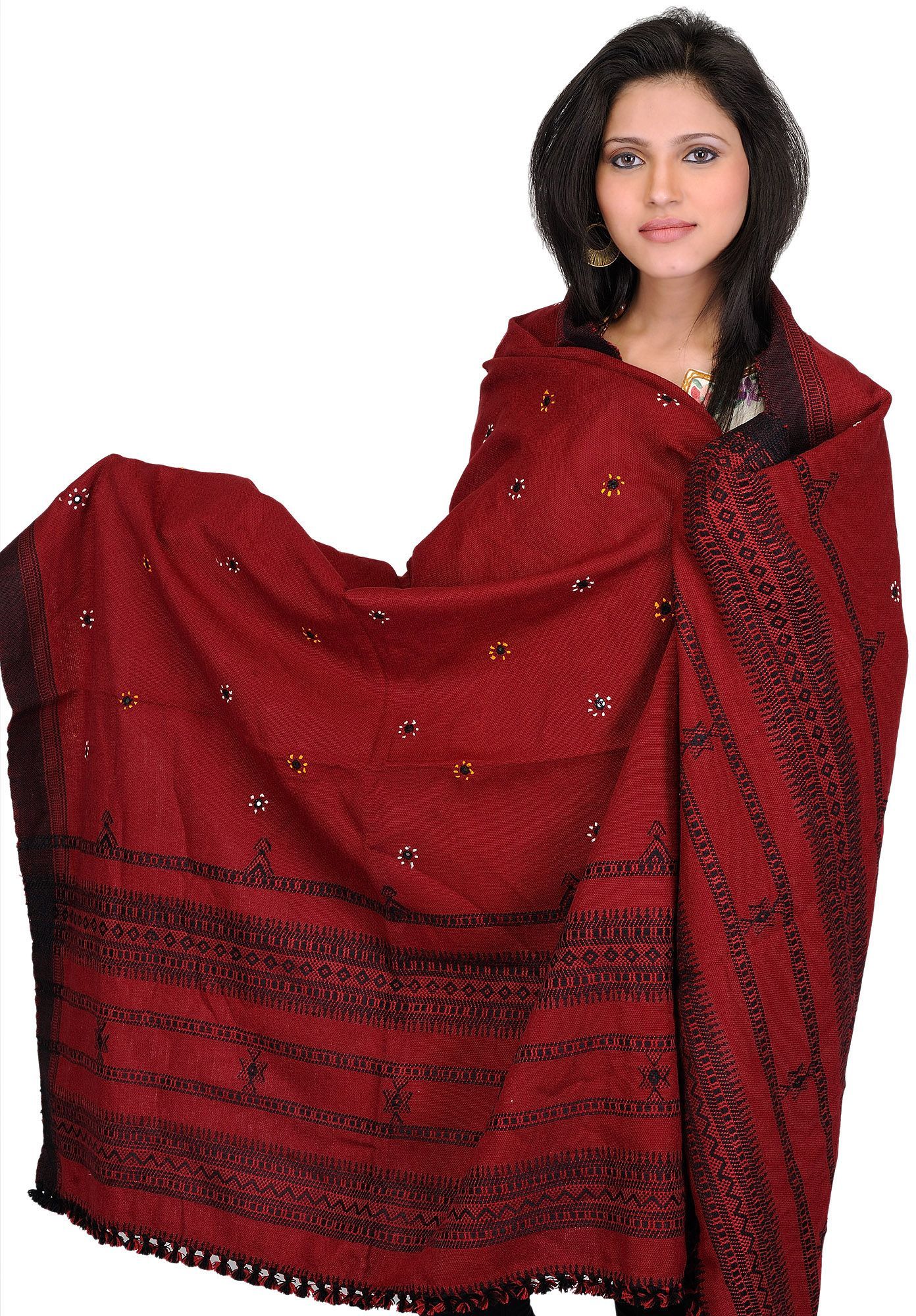 Brick-Red Shawl from Kutch with Embroidered Flowers and Mirrors
