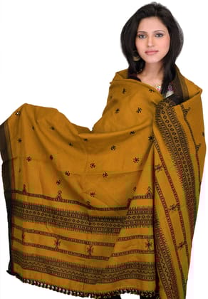 Amber-Gold Shawl from Kutch with Embroidered Flowers and Mirrors