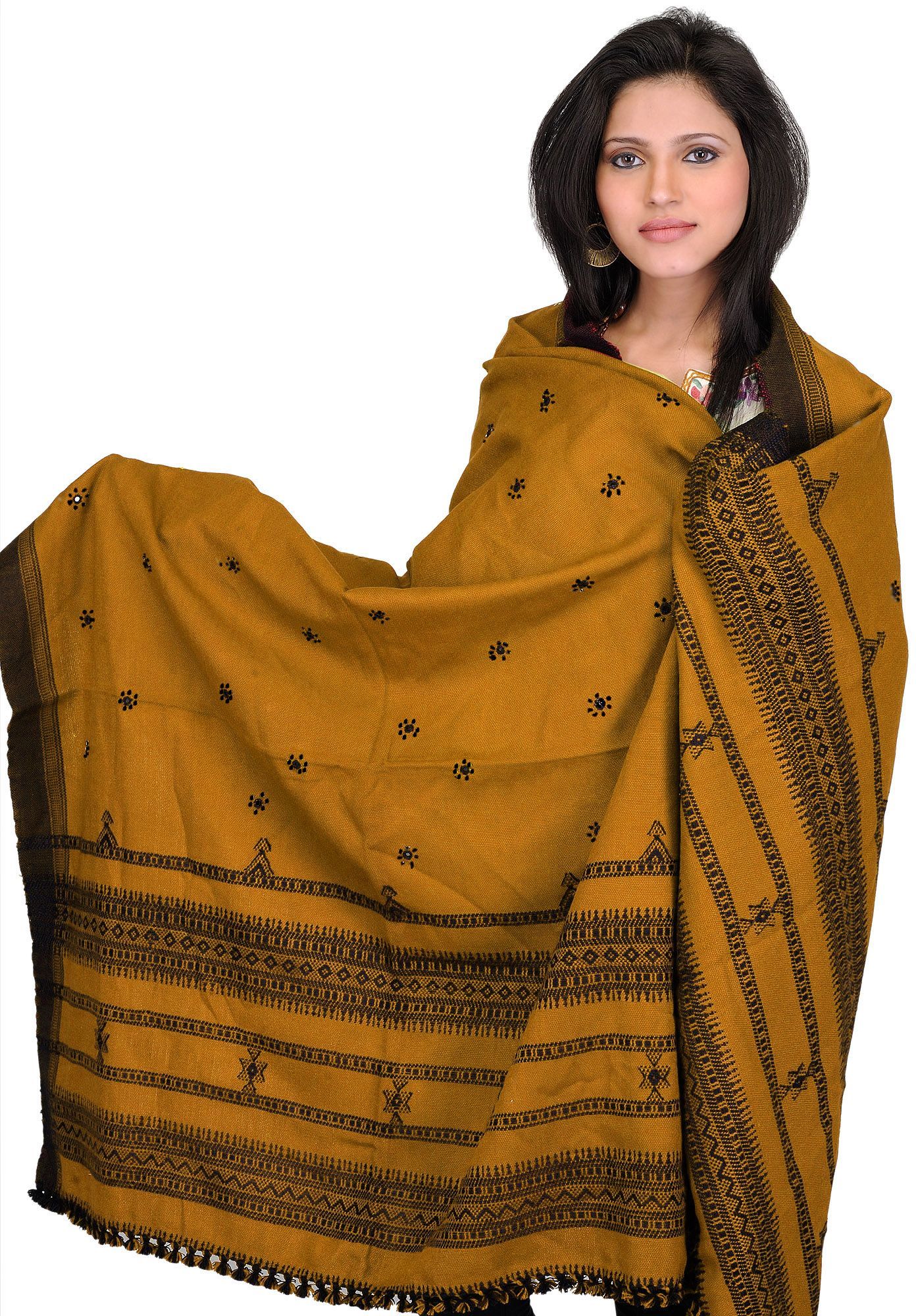 Amber-Gold Shawl from Kutch with Embroidered Flowers and Mirrors