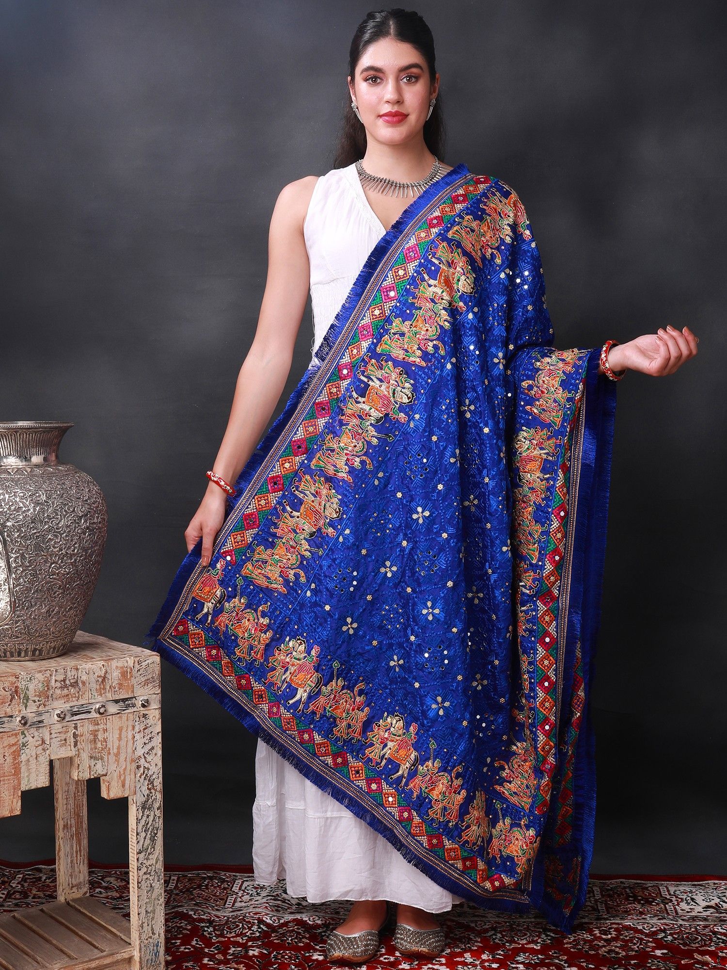 Royal-Blue Phulkari Dupatta from Punjab with Multicolor Wedding Procession Embroidered Motif and Bead-Mirror Work
