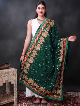 Bottle-Green Phulkari Dupatta from Punjab with Multicolor Wedding Procession Embroidered Motif and Bead-Mirror Work