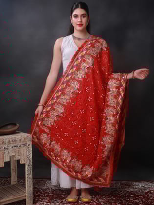 Red Phulkari Dupatta from Punjab with Multicolor Wedding Procession Embroidered Motif and Bead-Mirror Work