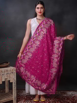 Fuschia Phulkari Dupatta from Punjab with Multicolor Wedding Procession Embroidered Motif and Bead-Mirror Work