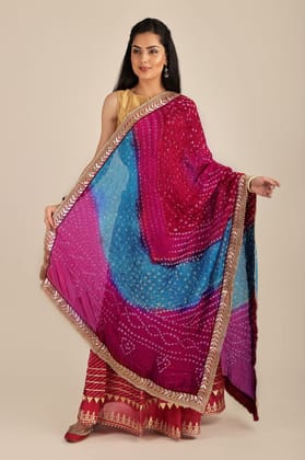 Vivacious Multi-coloured Tie-Dye Bandhani Dupatta From Gujarat with Zari Patch Border and Beadwork