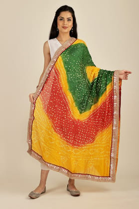 Radiant Yellow Multi-coloured Tie-Dye Bandhani Dupatta From Gujarat with Zari Patch Border and Beadwork