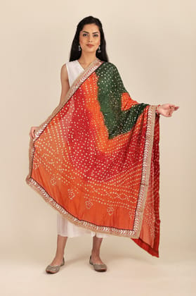 True-Red Multi-coloured Tie-Dye Bandhani Dupatta From Gujarat with Zari Patch Border and Beadwork
