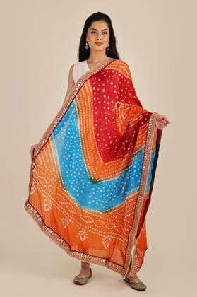 Methyl-Blue Multi-coloured Tie-Dye Bandhani Dupatta From Gujarat with Zari Patch Border and Beadwork Methyl-Blue Multi-coloured Tie-Dye Bandhani Dupatta From Gujarat with Zari Patch Border and Beadwork