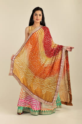 Orangeade Multi-coloured Tie-Dye Bandhani Dupatta From Gujarat with Zari Patch Border and Beadwork