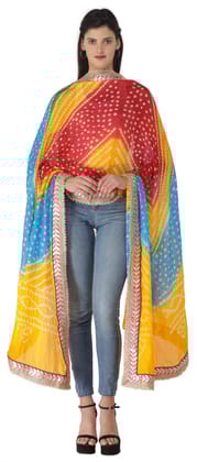 Racing-Red Multi-coloured Tie-Dye Bandhani Dupatta From Gujarat with Zari Patch Border and Beadwork