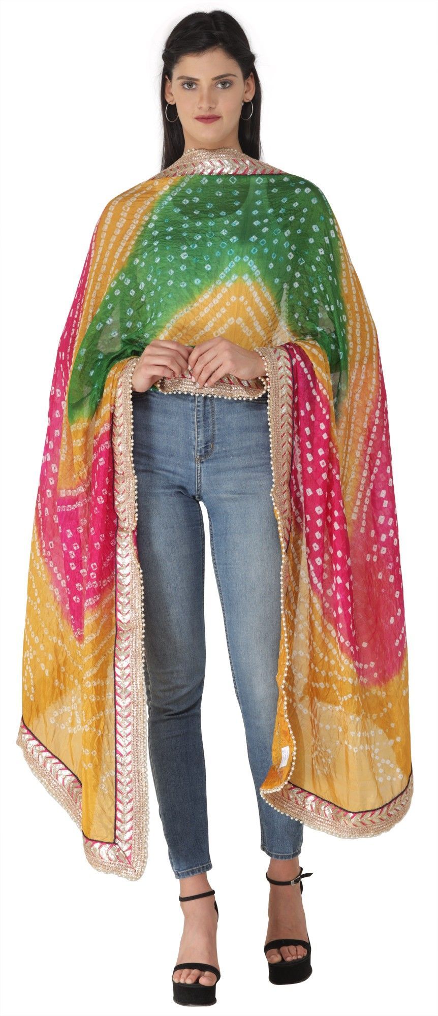 Abundant-Green Multi-coloured Tie-Dye Bandhani Dupatta From Gujarat with Zari Patch Border and Beadwork