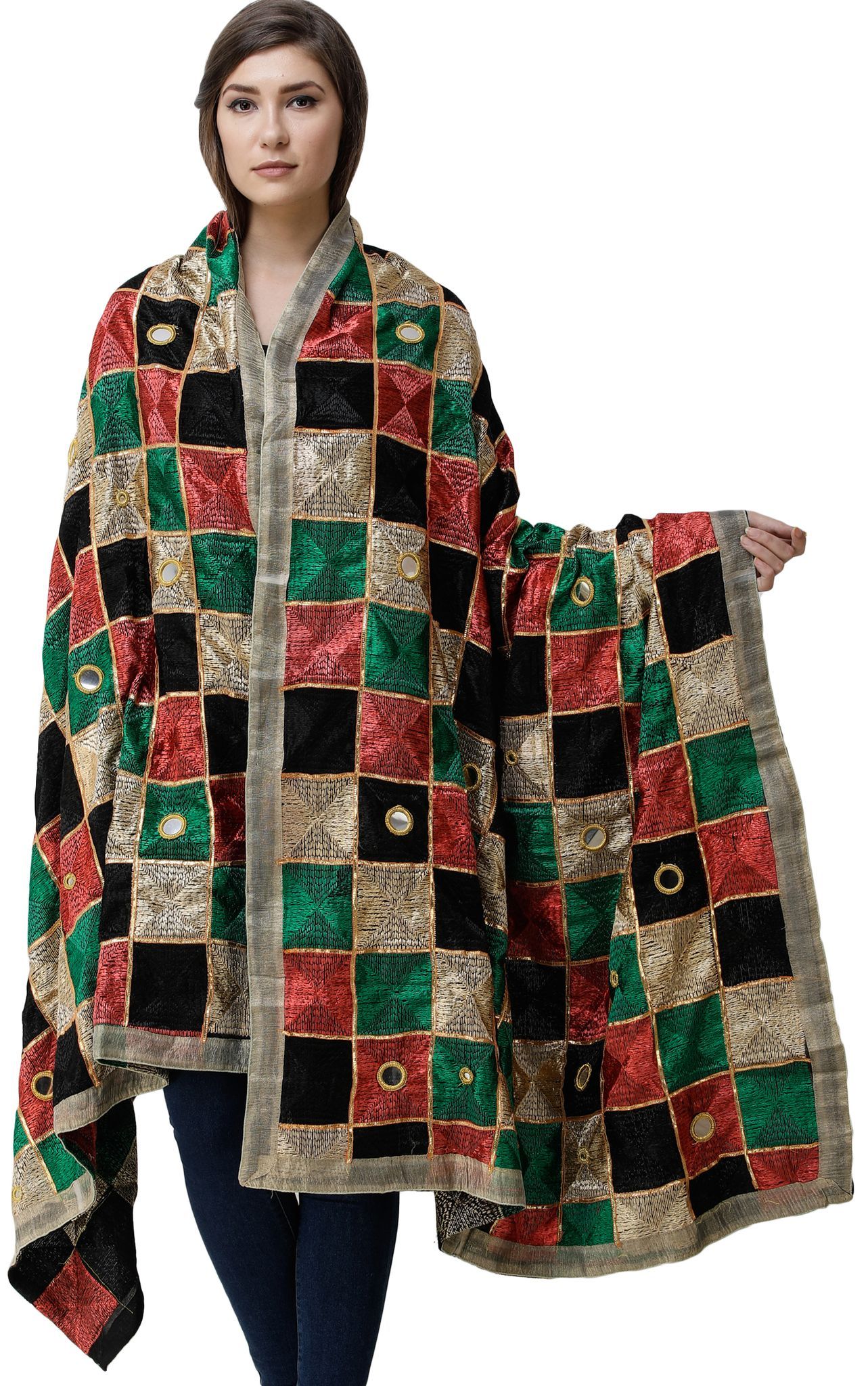 Scarlet And Juniper Phulkari Dupatta from Punjab with Embroidery All-Over and Mirrors