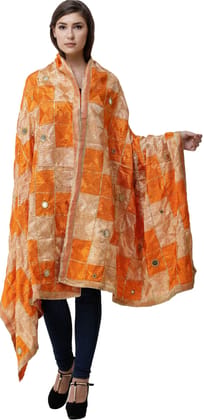 Russet-Orange Phulkari Dupatta from Punjab with Embroidery All-Over and Mirrors Russet-Orange Phulkari Dupatta from Punjab with Embroidery All-Over and Mirrors