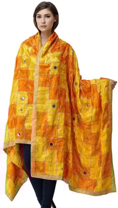 Persimmon-Orange Phulkari Dupatta from Punjab with Embroidery All-Over and Mirrors