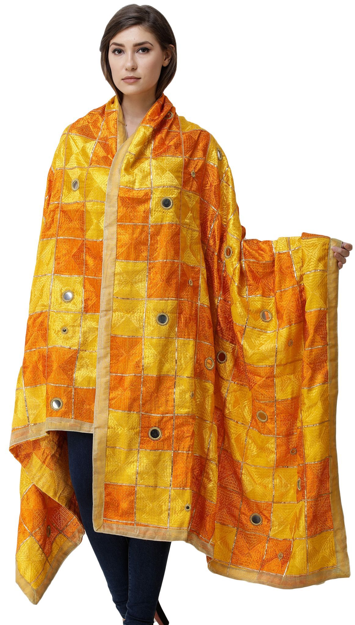 Persimmon-Orange Phulkari Dupatta from Punjab with Embroidery All-Over and Mirrors