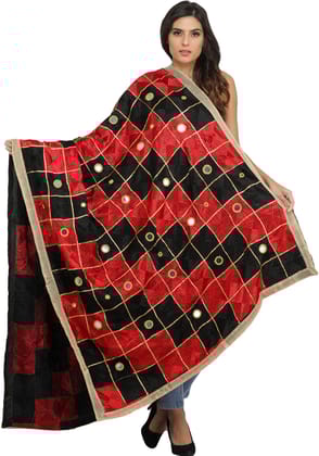 Black and Red Phulkari Dupatta from Punjab with Embroidery All-Over and Mirrors