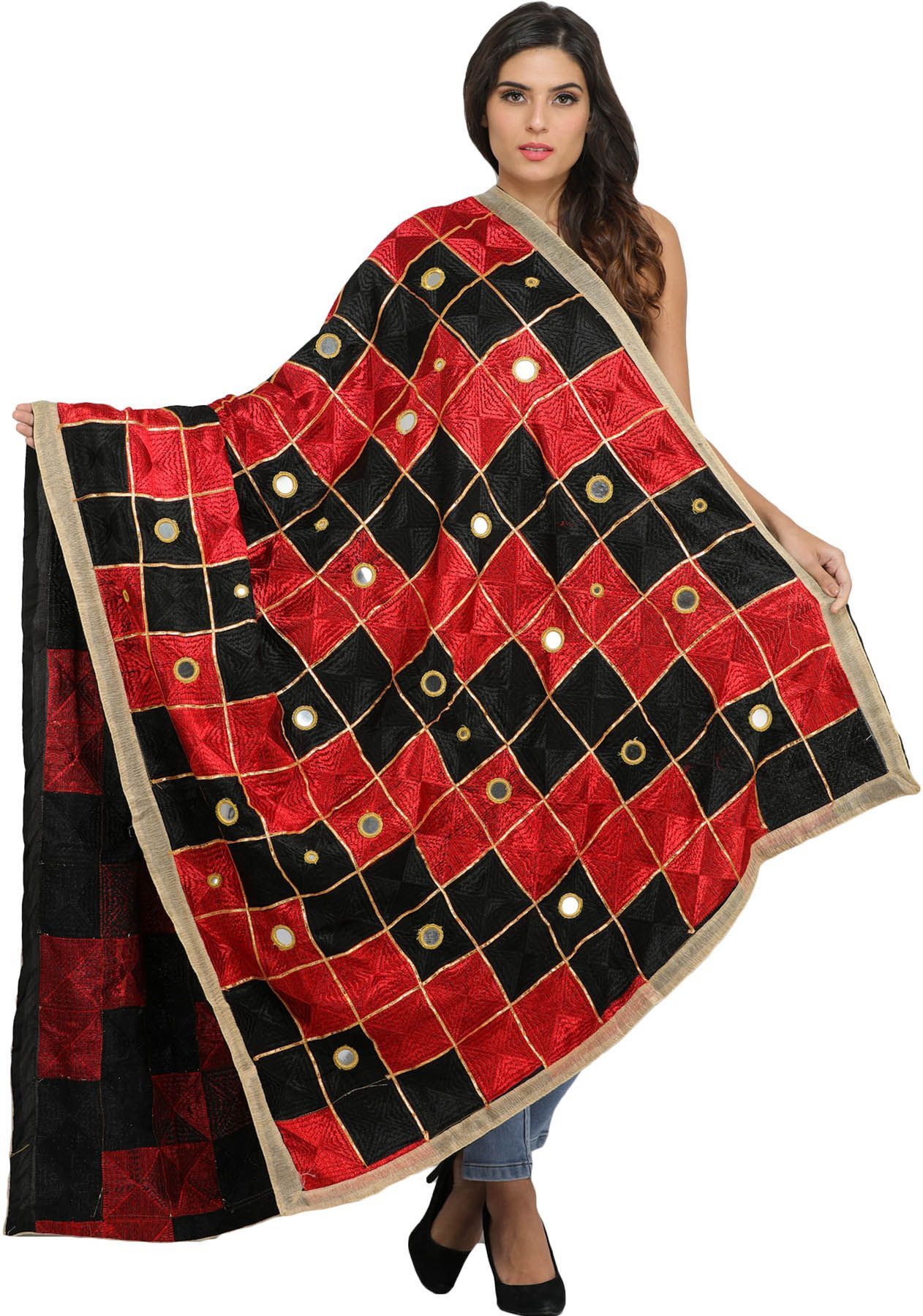 Black and Red Phulkari Dupatta from Punjab with Embroidery All-Over and Mirrors