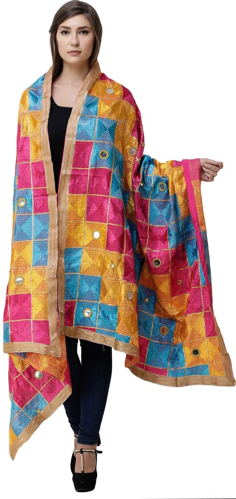 Flambe And Cyan Phulkari Dupatta from Punjab with Embroidery All-Over and Mirrors - Dupattas & Shawls | Buy online on ZillyBuy