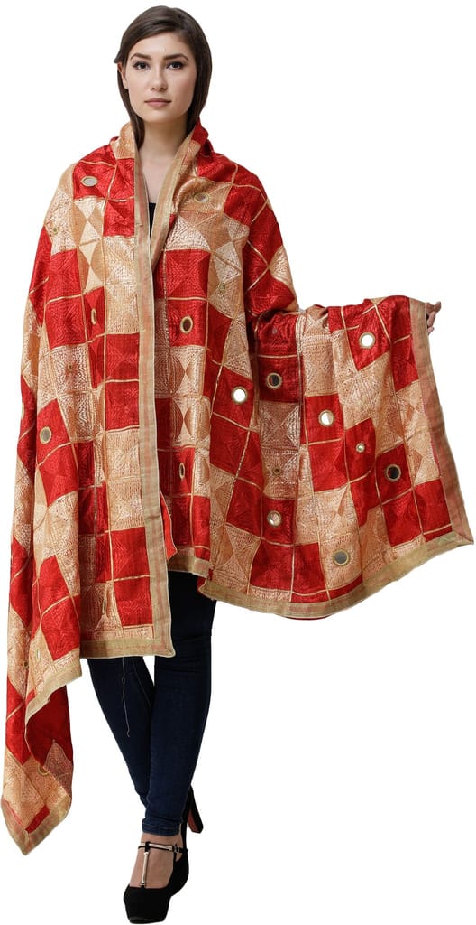 Bittersweet Phulkari Dupatta from Punjab with Embroidery All-Over and Mirrors - Dupattas & Shawls | Buy online on ZillyBuy