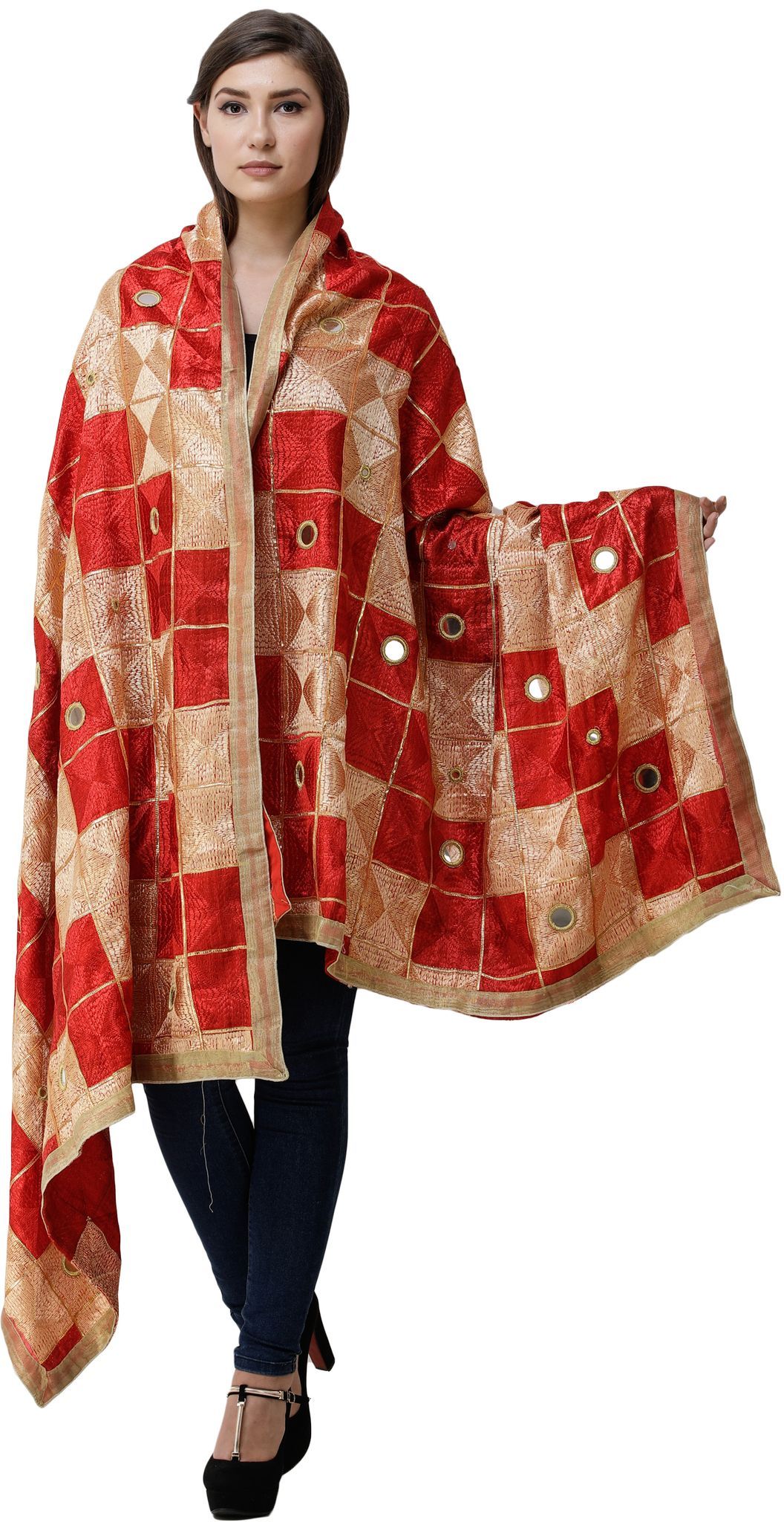 Bittersweet Phulkari Dupatta from Punjab with Embroidery All-Over and Mirrors