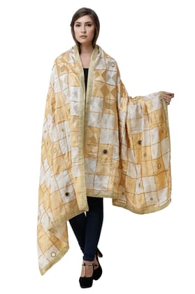 Apricot-Gelato Phulkari Dupatta from Punjab with Embroidery All-Over and Mirrors
