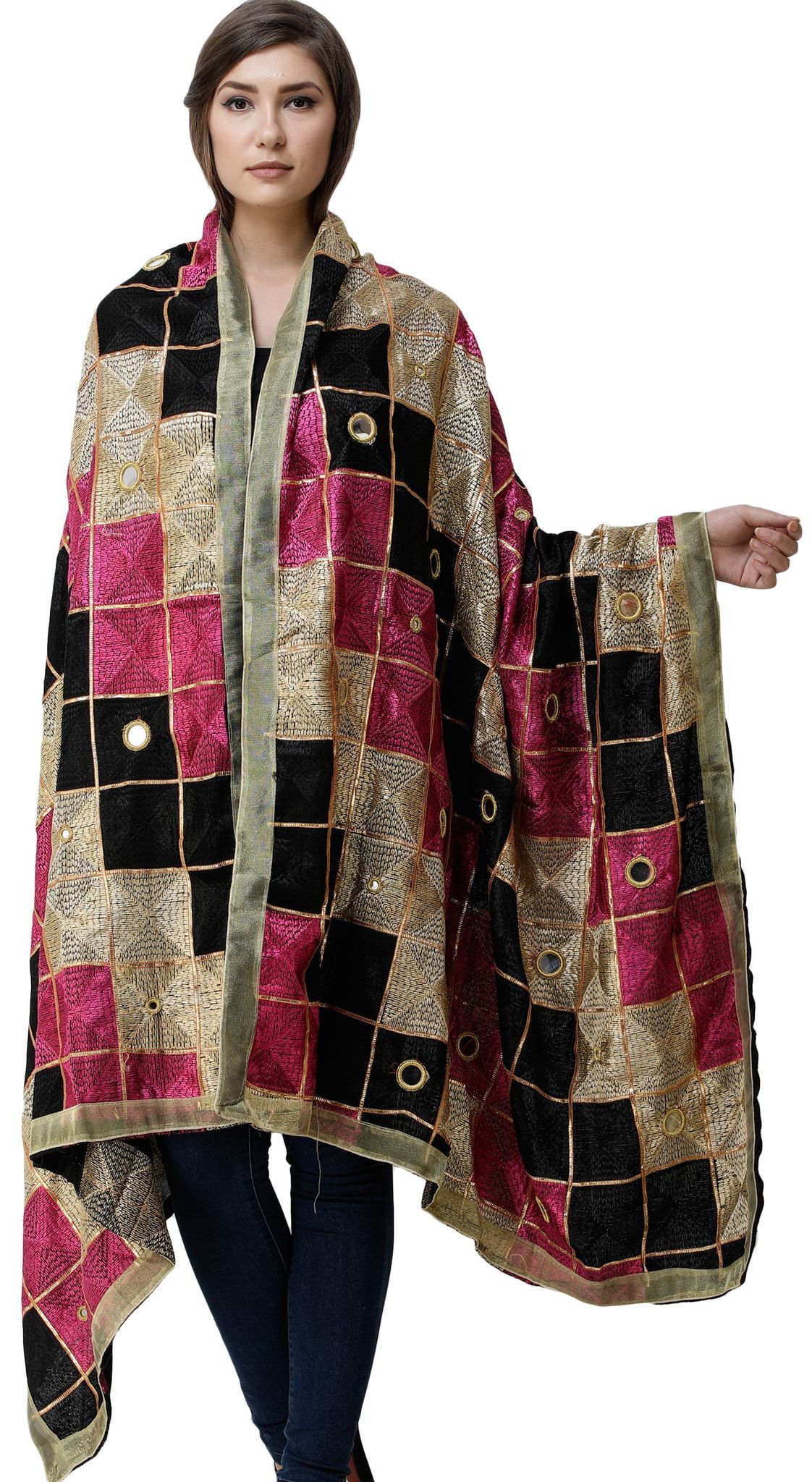 Baton-Rouge And Phantom Phulkari Dupatta from Punjab with Embroidery All-Over and Mirrors