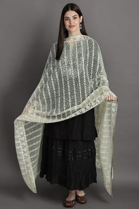 Quite-Gray Heavy Embroidered Net Dupatta With Paisley