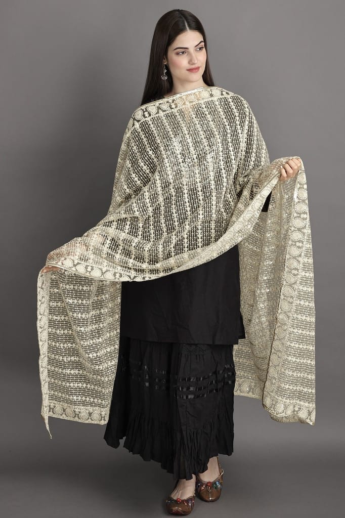 Pastel-Yellow Heavy Embroidered Net Dupatta With Paisley - Dupattas & Shawls | Buy online on ZillyBuy