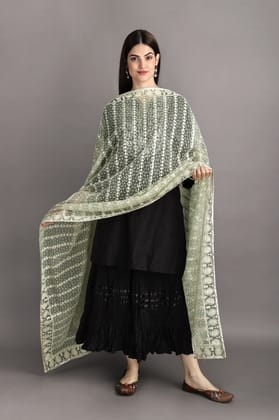 Biscay-Green Heavy Embroidered Net Dupatta With Paisley