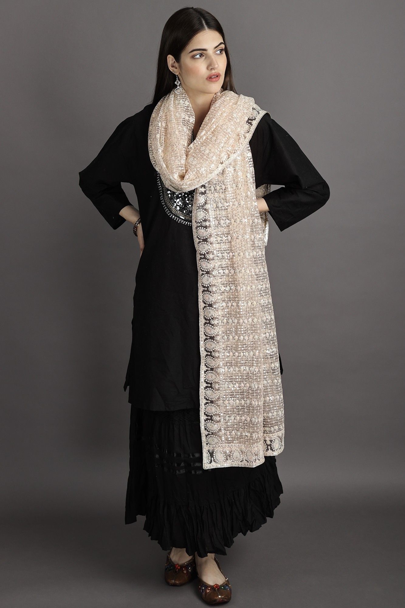 Cloud-Pink Heavy Embroidered Net Dupatta With Paisley