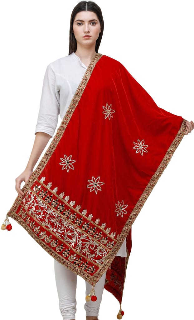 Llipstick-Red Dupatta from Amritsar Embellished with Gota Patches on Border and Mirrors - Dupattas & Shawls | Buy online on ZillyBuy