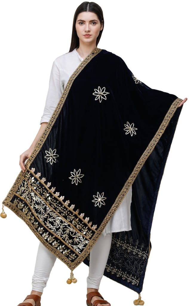 Navy-Blue Dupatta from Amritsar Embellished with Gota Patches on Border and Mirrors - Dupattas & Shawls | Buy online on ZillyBuy
