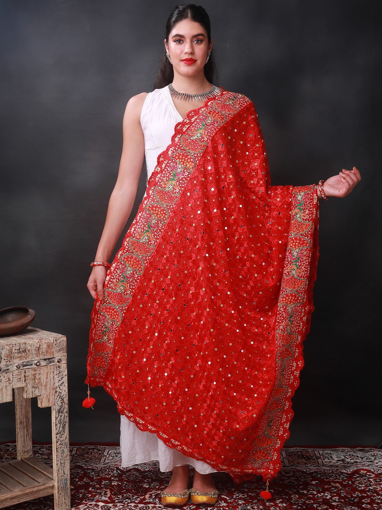 Red Phulkari Dupatta from Punjab with Multicolor Pair Of Peacock Embroidered Motif and Bead-Mirror Work
