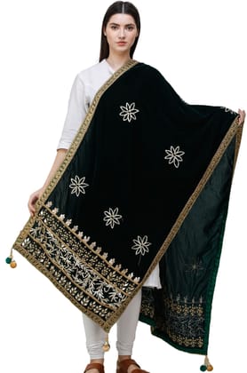 Deep-Green Dupatta from Amritsar Embellished with Gota Patches on Border and Mirrors