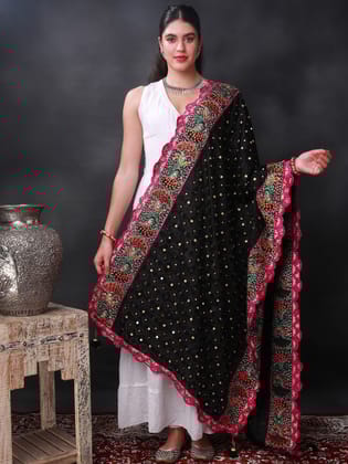 Black Phulkari Dupatta from Punjab with Multicolor Pair Of Peacock Embroidered Motif and Bead-Mirror Work