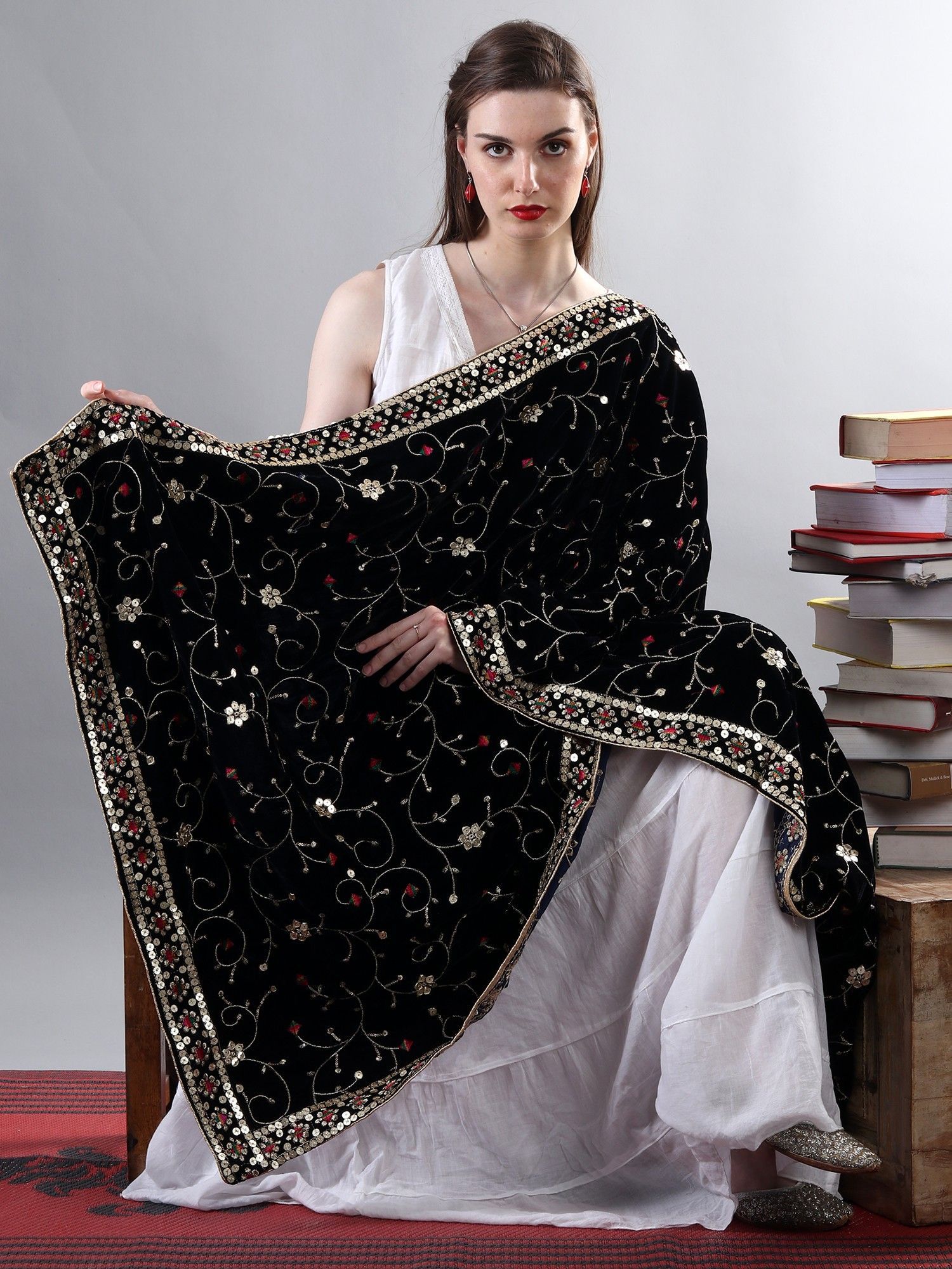 Navy-Blue Zari Embroidered Bail With Sequinned Flowers and Multicolour Thread Kite On Velvet Dupatta From Amritsar