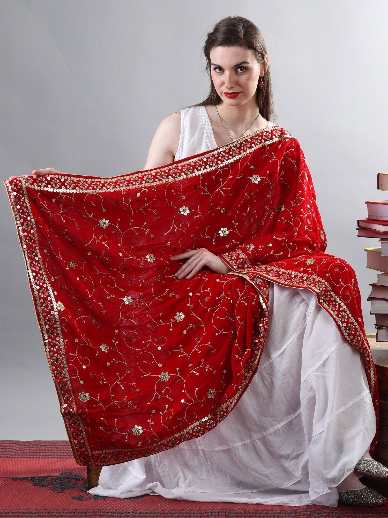 Red Zari Embroidered Bail With Sequinned Flowers and Multicolour Thread Kite On Velvet Dupatta From Amritsar