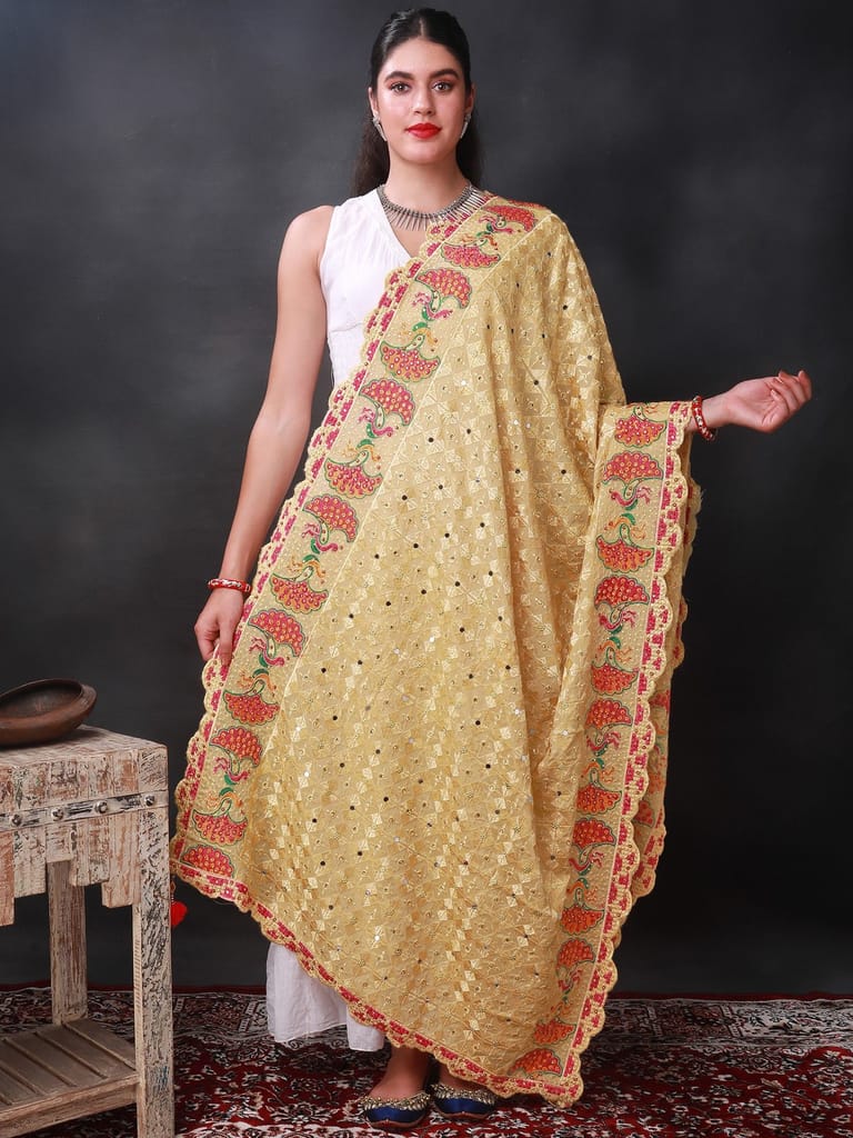 Beige Phulkari Dupatta from Punjab with Multicolor Pair Of Peacock Embroidered Motif and Bead-Mirror Work - Dupattas & Shawls | Buy online on ZillyBuy