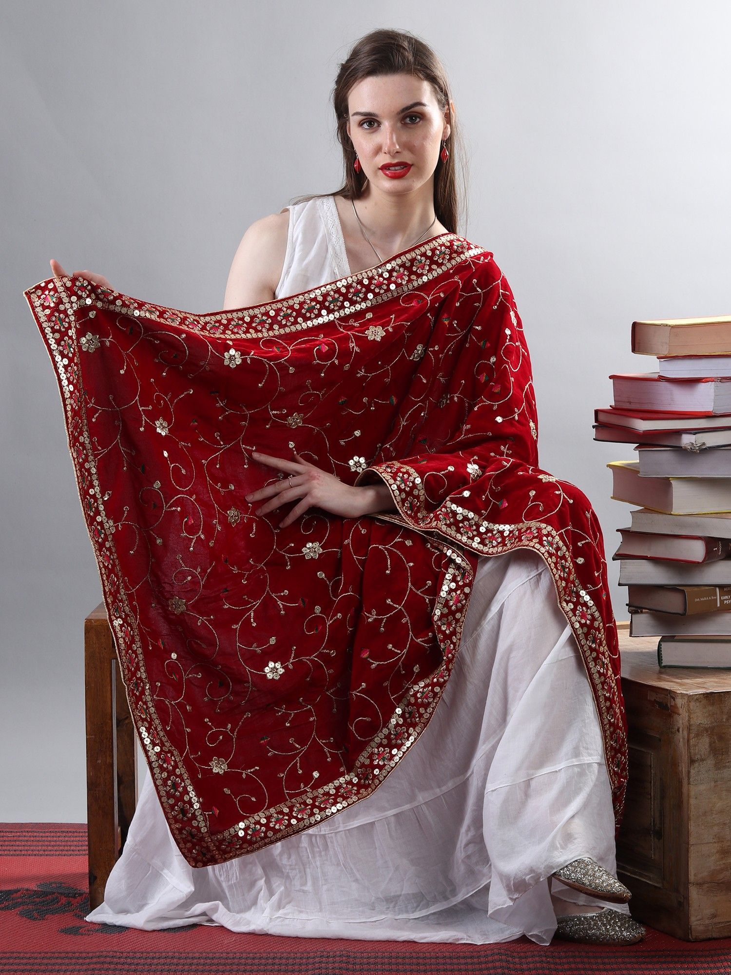 Maroon Zari Embroidered Bail With Sequinned Flowers and Multicolour Thread Kite On Velvet Dupatta From Amritsar