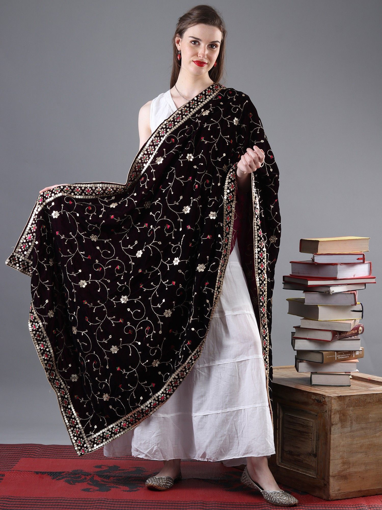 Deep-Wine Zari Embroidered Bail With Sequinned Flowers and Multicolour Thread Kite On Velvet Dupatta From Amritsar