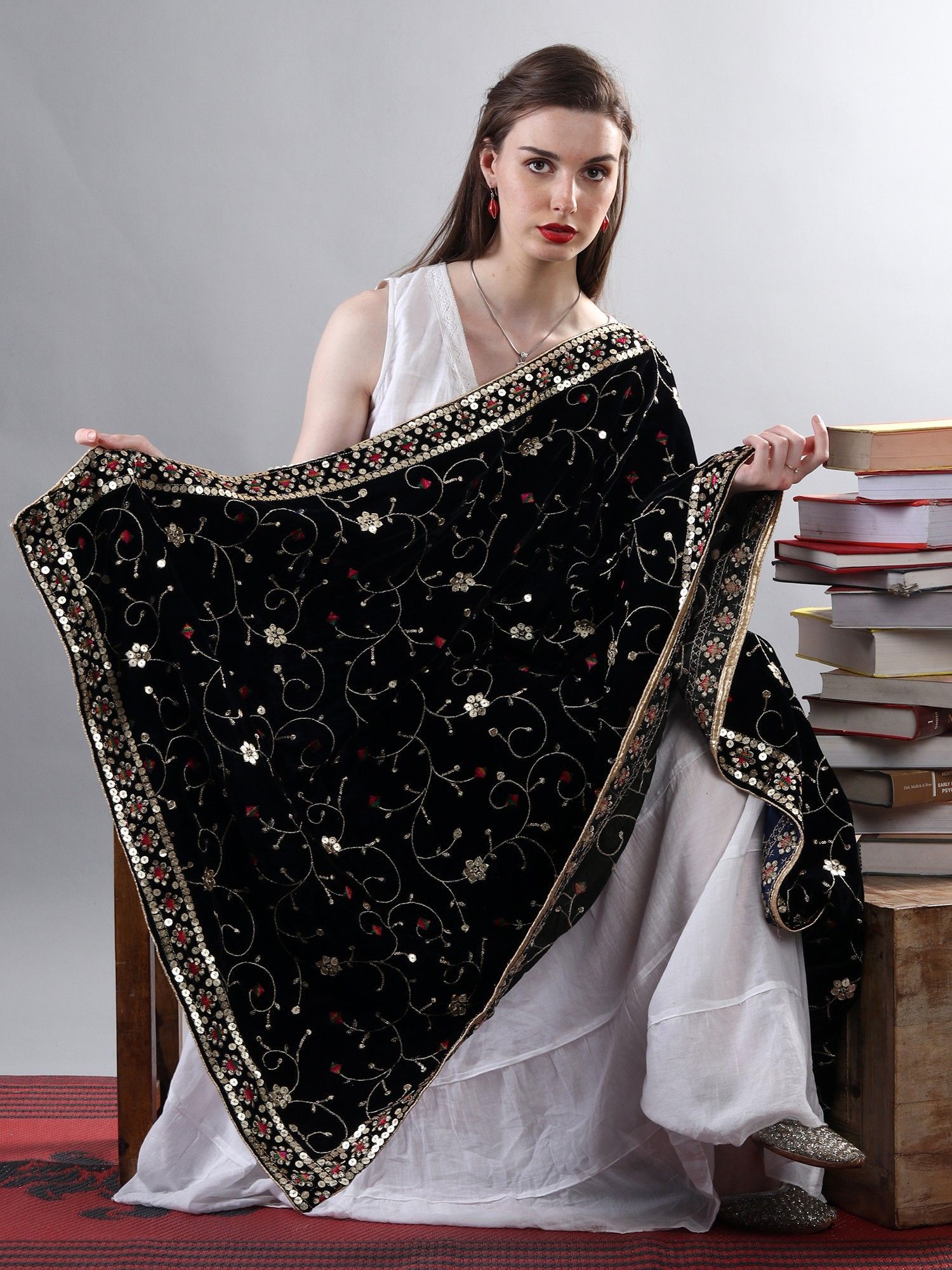 Jet-Black Zari Embroidered Bail With Sequinned Flowers and Multicolour Thread Kite On Velvet Dupatta From Amritsar
