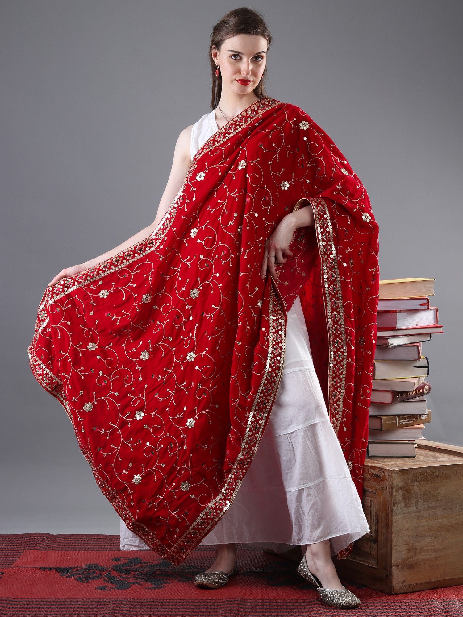 Deep-Fuchsia Zari Embroidered Bail With Sequinned Flowers and Multicolour Thread Kite On Velvet Dupatta From Amritsar